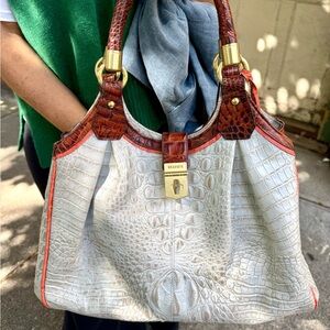 Brahmin Ivory and Chestnut Croc Embossed Handbag